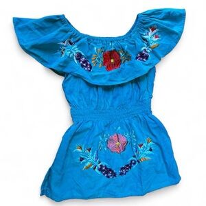 Blue turquoise teal babydoll floral embroidered off-shoulder top with ruffles